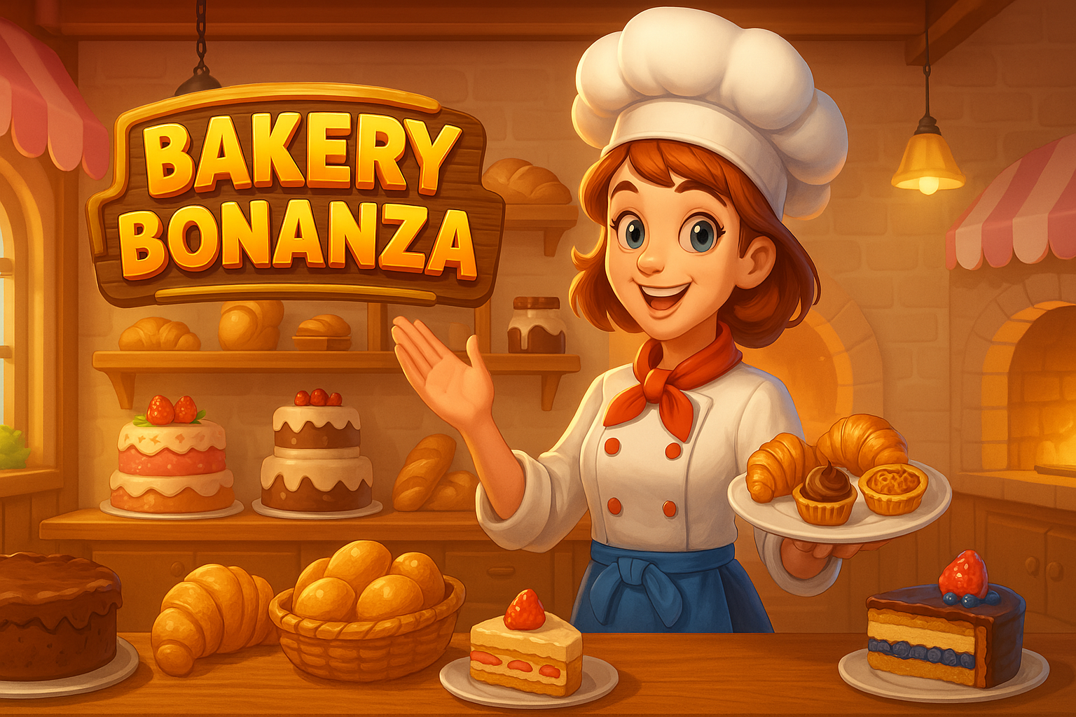 Ilustrasi 2D Bakery Bonanza menampilkan toko roti penuh warna dengan karakter animasi, kue manis, dan atmosfer ceria khas dunia kuliner digital.